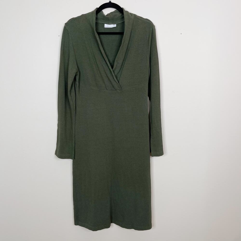 Bryn Walker VNeck Bamboo Organic Cotton Long Sleeve Dress Medium M Green USA